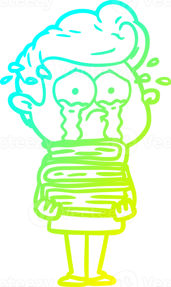 cold gradient line drawing of a cartoon crying student with stack of books png