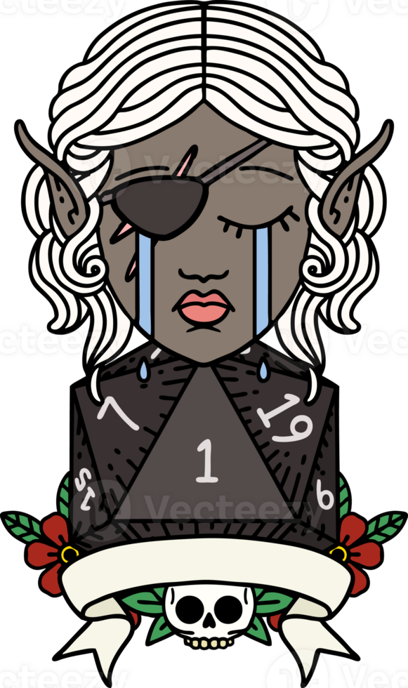 Retro Tattoo Style crying elf rogue character with natural one D20 roll png