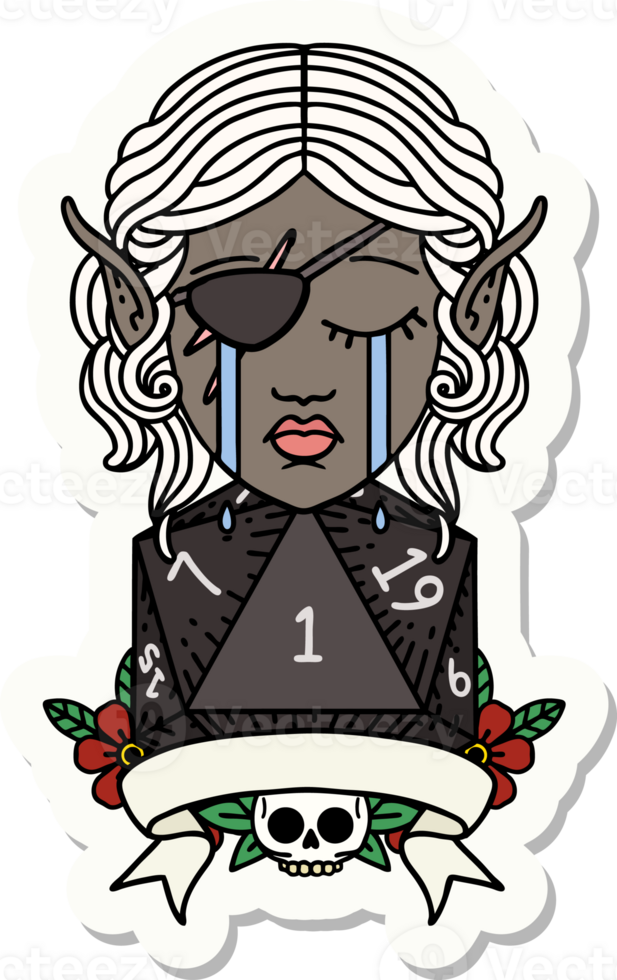sticker of a crying elf rogue character with natural one D20 roll png