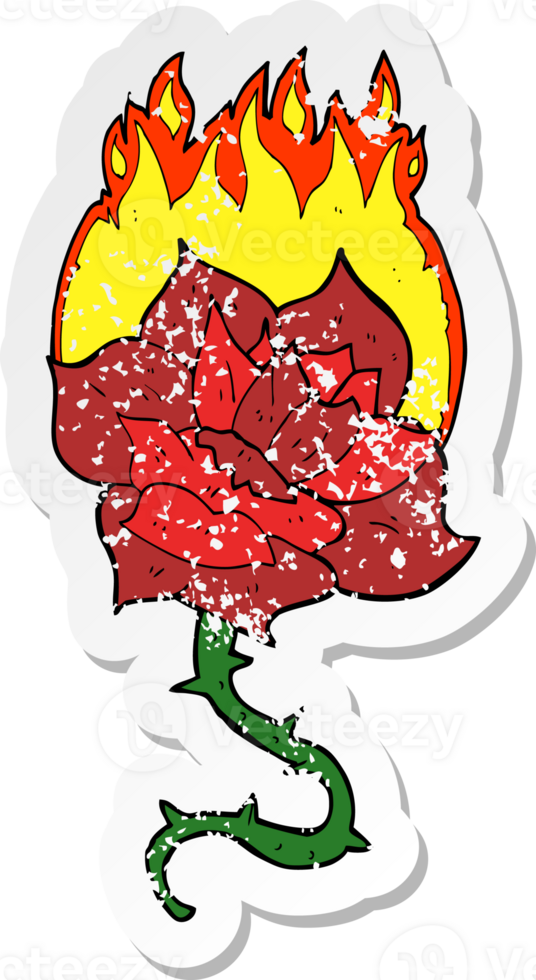 retro distressed sticker of a cartoon flaming rose tattoo png