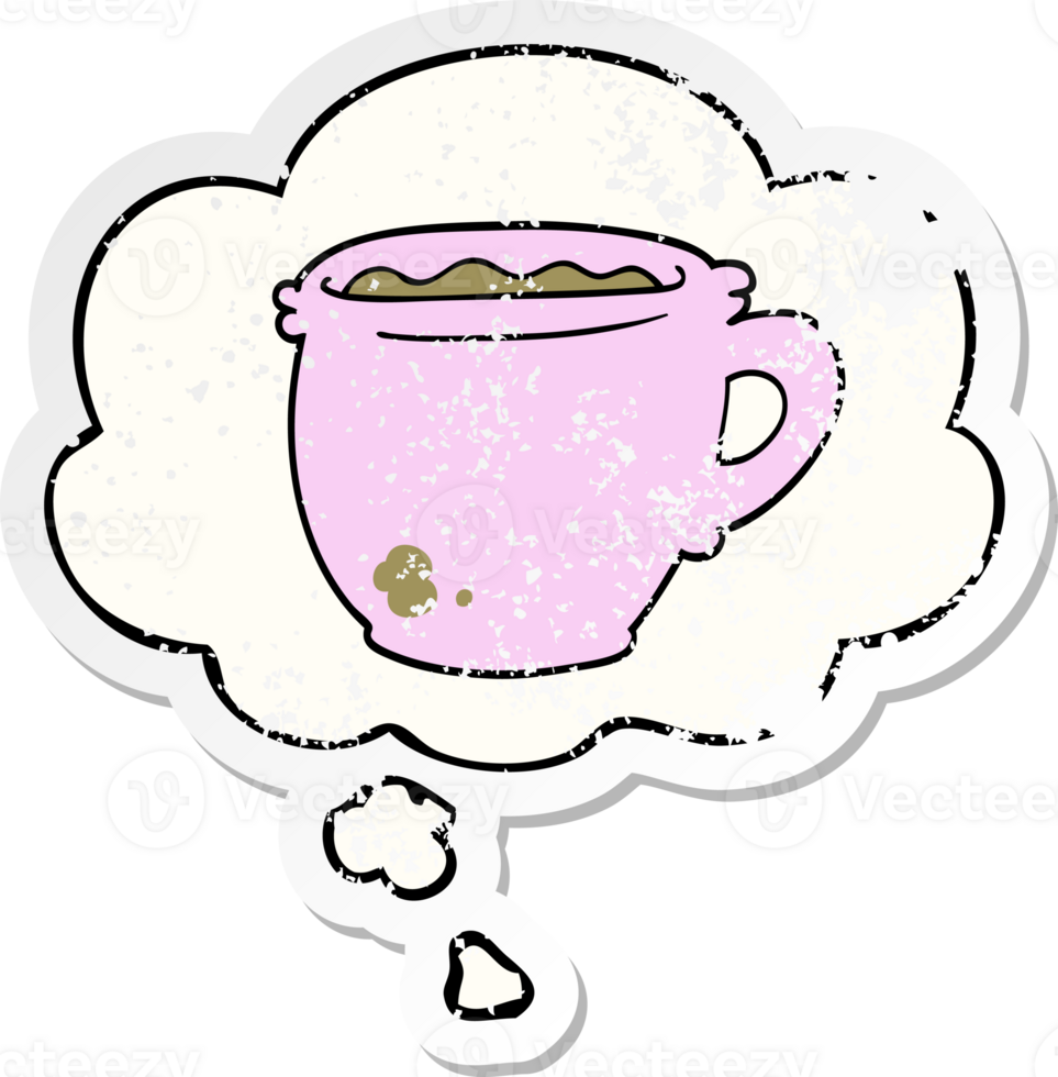 cartoon hot cup of coffee with thought bubble as a distressed worn sticker png