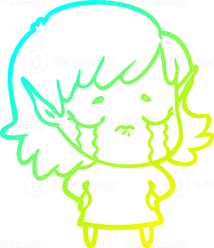 cold gradient line drawing of a cartoon crying elf girl png