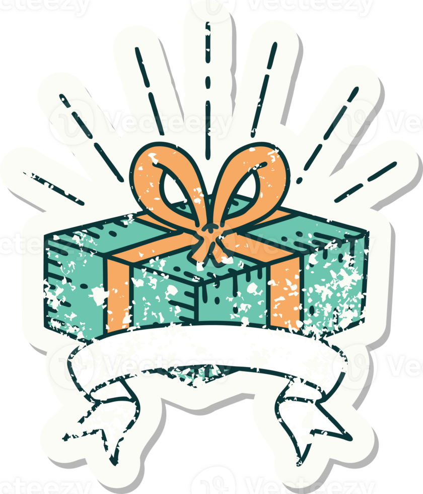 worn old sticker of a tattoo style christmas present png