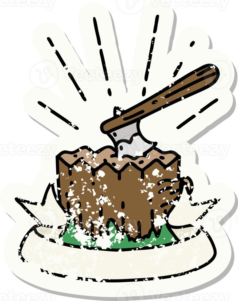 worn old sticker of a tattoo style axe in tree stump png