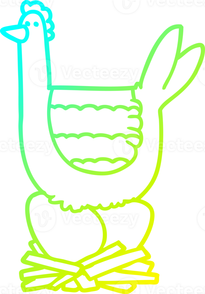 cold gradient line drawing of a cartoon chicken sitting on eggs in nest png
