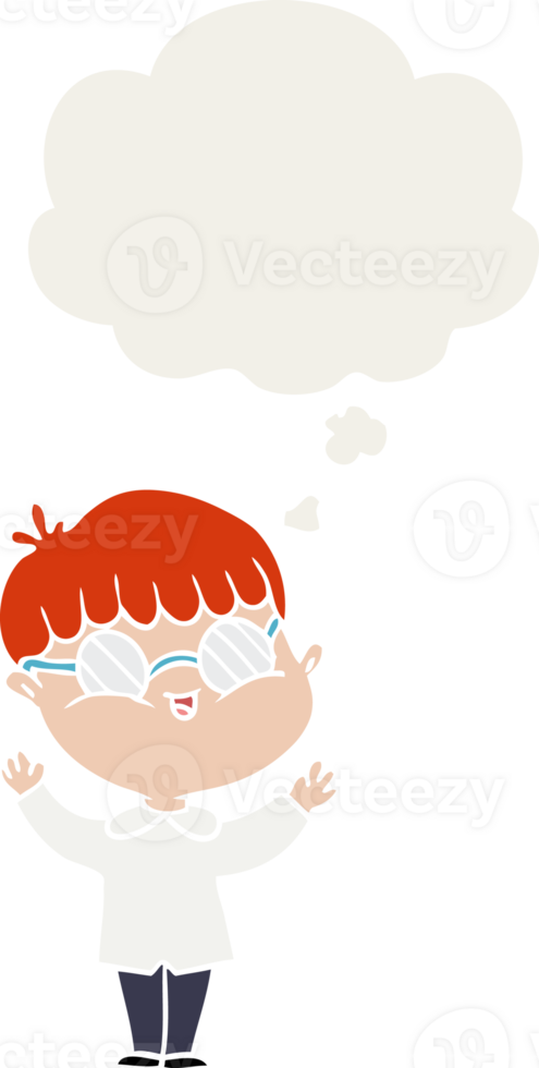 cartoon boy wearing spectacles with thought bubble in retro style png