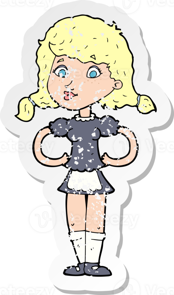 retro distressed sticker of a cartoon happy waitress woman png