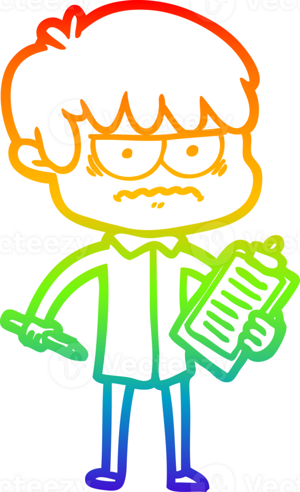 rainbow gradient line drawing of a annoyed cartoon boy png