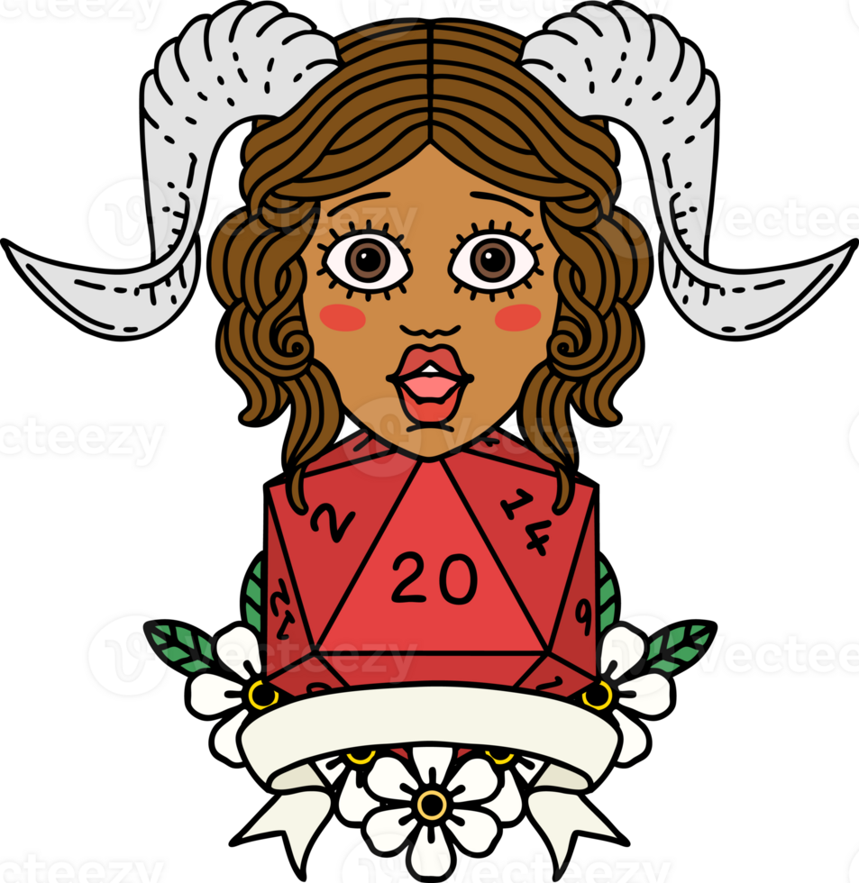 Retro Tattoo Style tiefling with natural twenty dice roll png