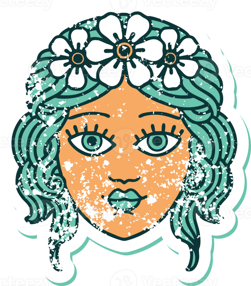 iconic distressed sticker tattoo style image of female face with crown of flowers png