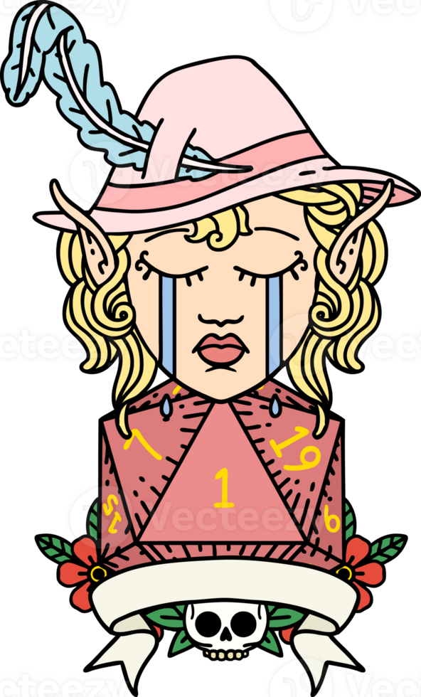 Retro Tattoo Style crying elf bard character with natural one D20 roll png