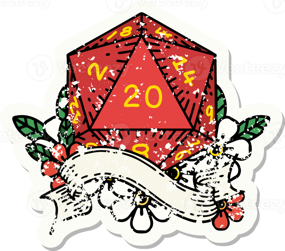 grunge sticker of a natural twenty D20 dice roll png