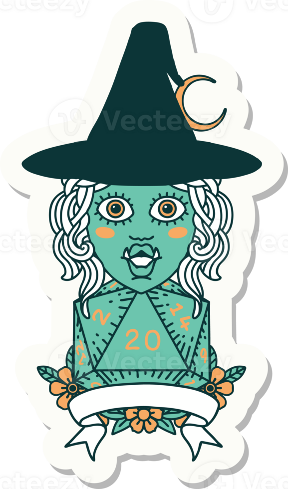 sticker of a half orc witch character with natural 20 dice roll png