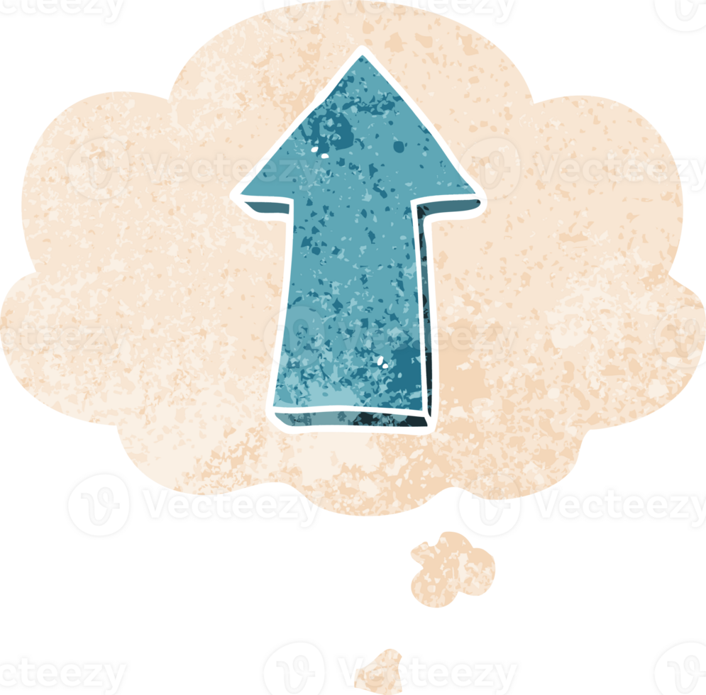 cartoon arrow with thought bubble in grunge distressed retro textured style png