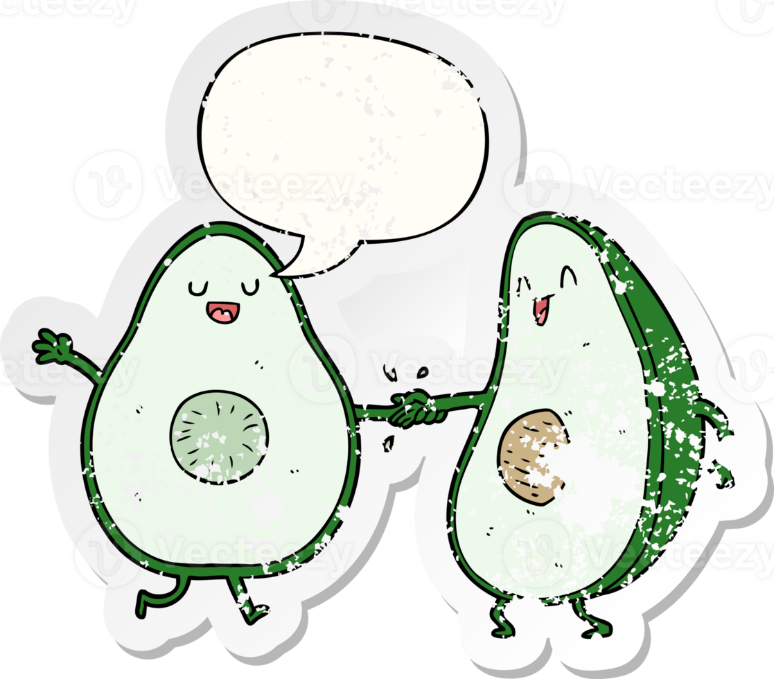 cartoon dancing avocados with speech bubble distressed distressed old sticker png