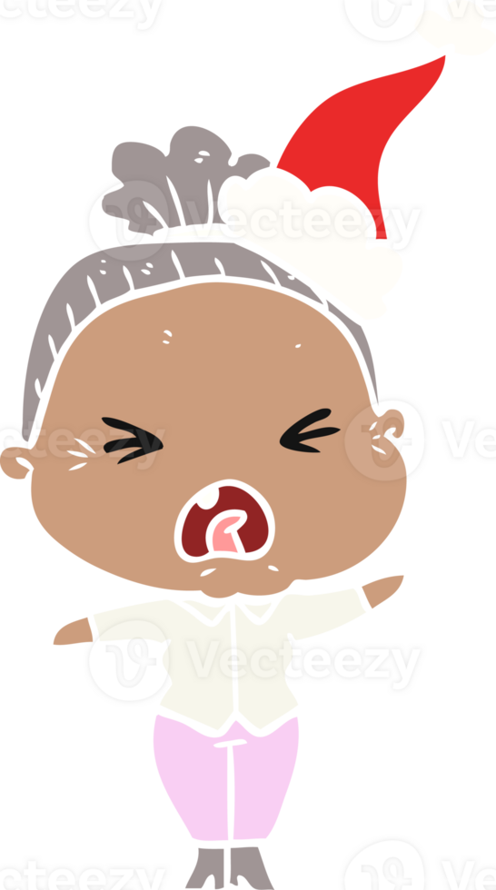 hand drawn flat color illustration of a angry old woman wearing santa hat png