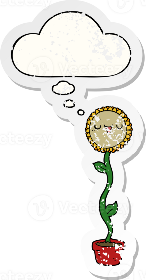 cartoon sunflower with thought bubble as a distressed worn sticker png
