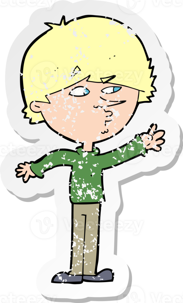 retro distressed sticker of a cartoon worried man reaching png