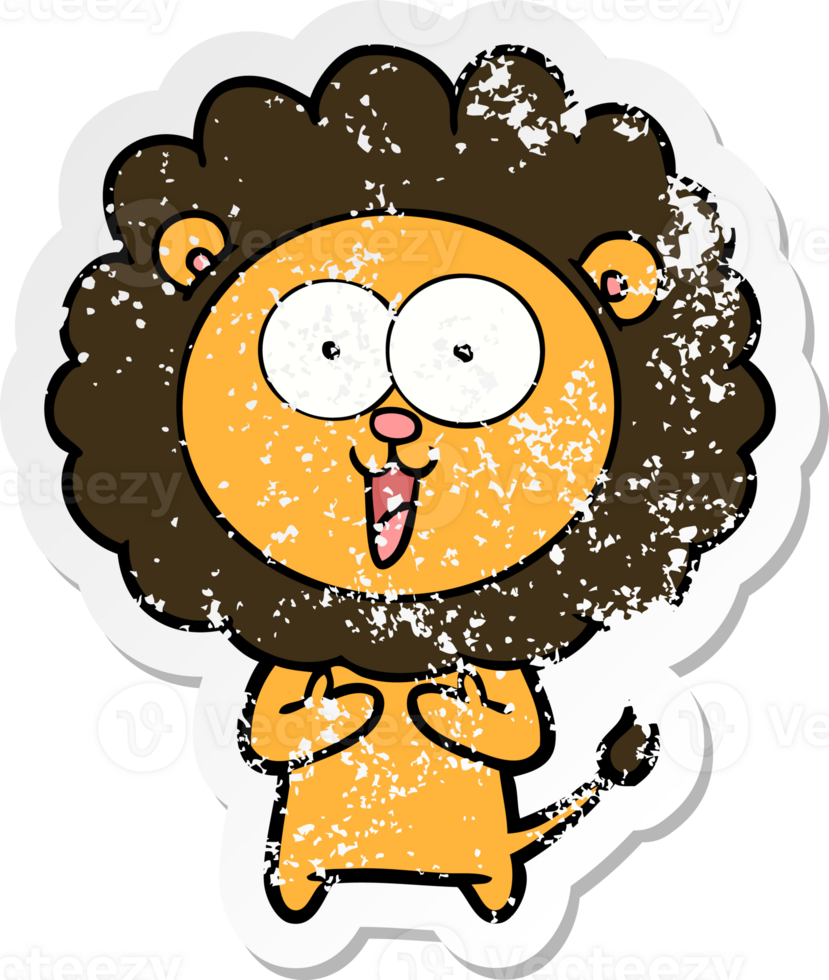 distressed sticker of a happy cartoon lion png