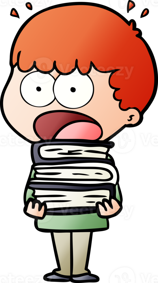 cartoon shocked boy with stack of books png