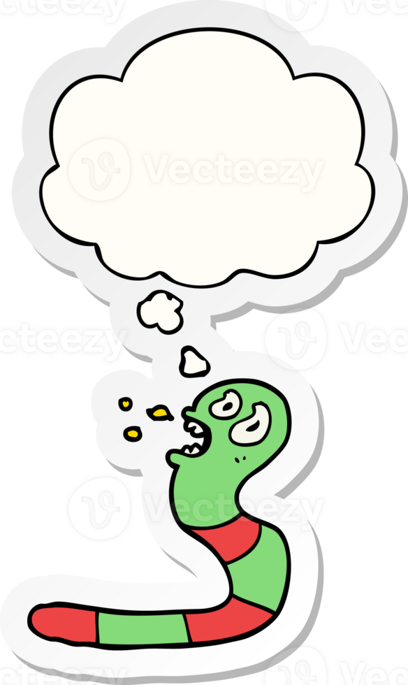cartoon frightened worm with thought bubble as a printed sticker png