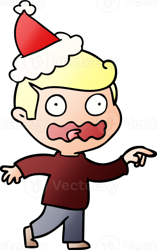 hand drawn gradient cartoon of a stressed out pointing wearing santa hat png