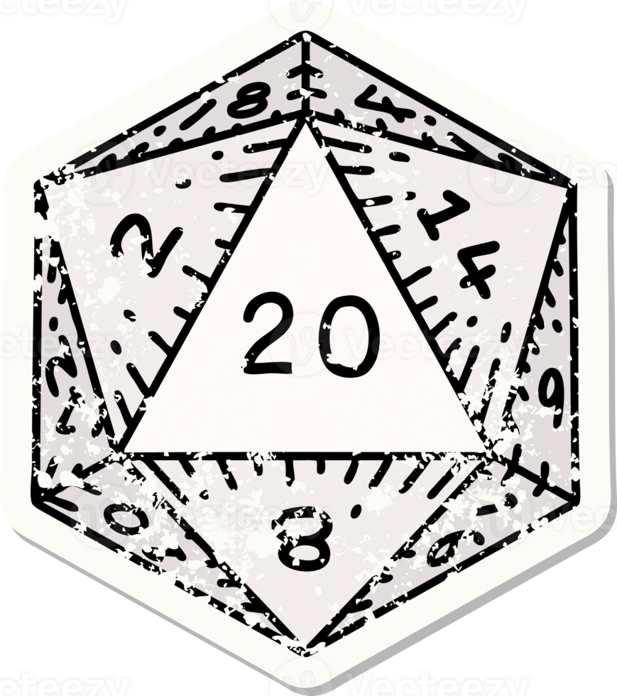 grunge sticker of a natural 20 D20 dice roll png