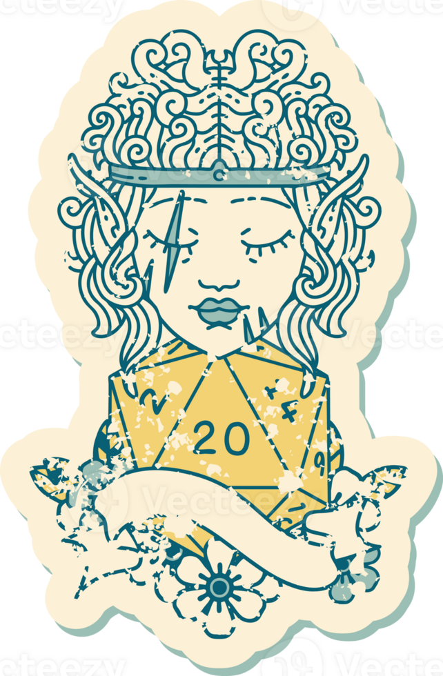 Retro Tattoo Style elf barbarian character face with natural twenty dice roll png