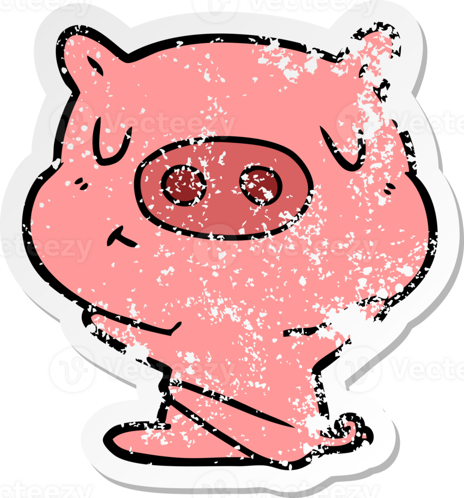 distressed sticker of a cartoon content pig png