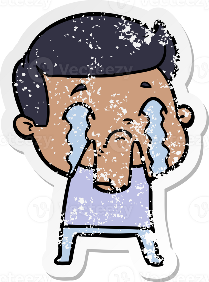 distressed sticker of a cartoon man crying png
