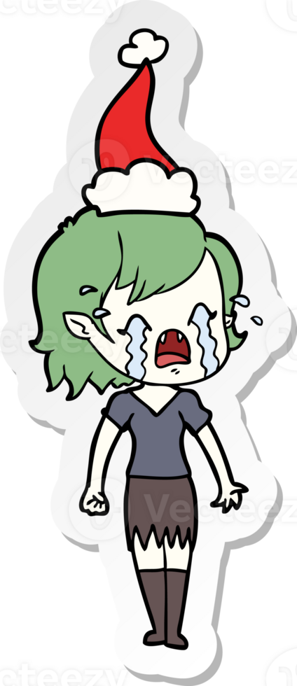 hand drawn sticker cartoon of a crying vampire girl wearing santa hat png