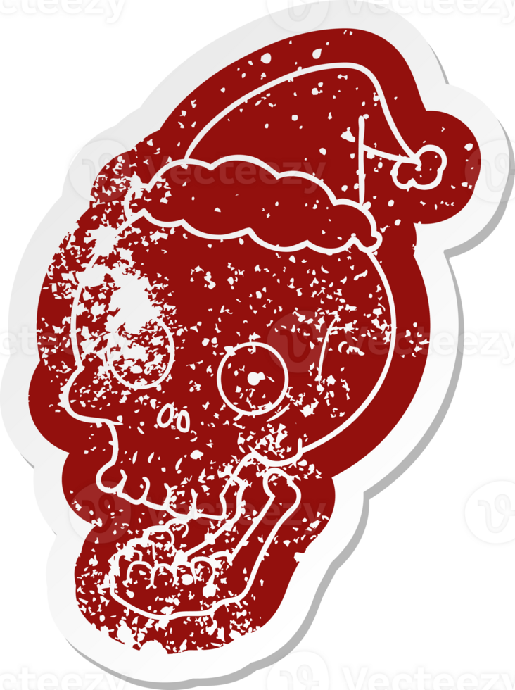 quirky cartoon distressed sticker of a skull wearing santa hat png