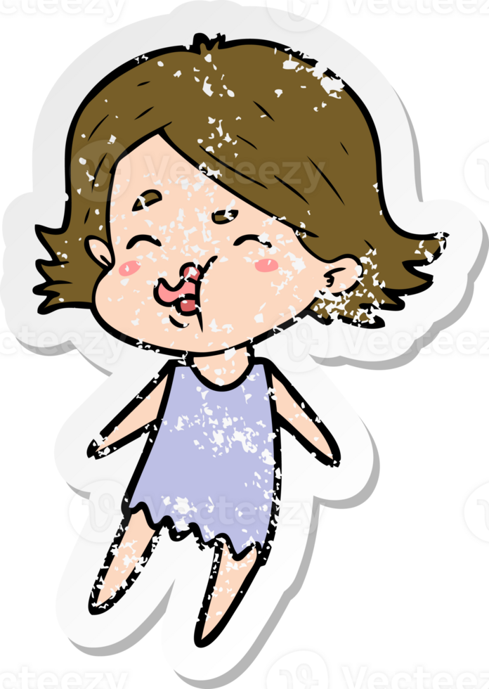 distressed sticker of a cartoon girl pulling face png