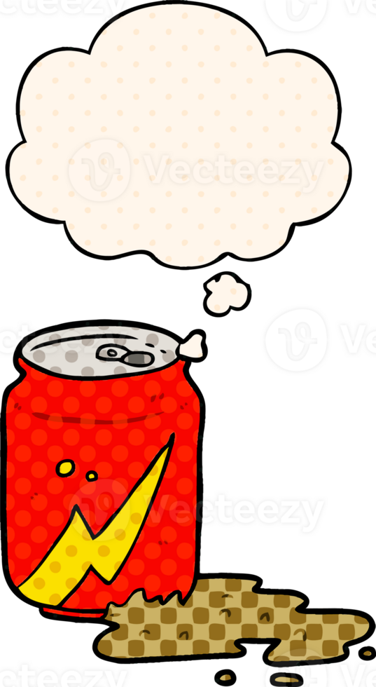 cartoon soda can with thought bubble in comic book style png
