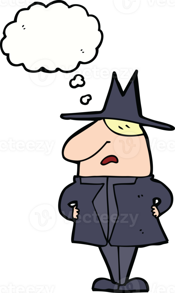 cartoon man in coat and hat with thought bubble png