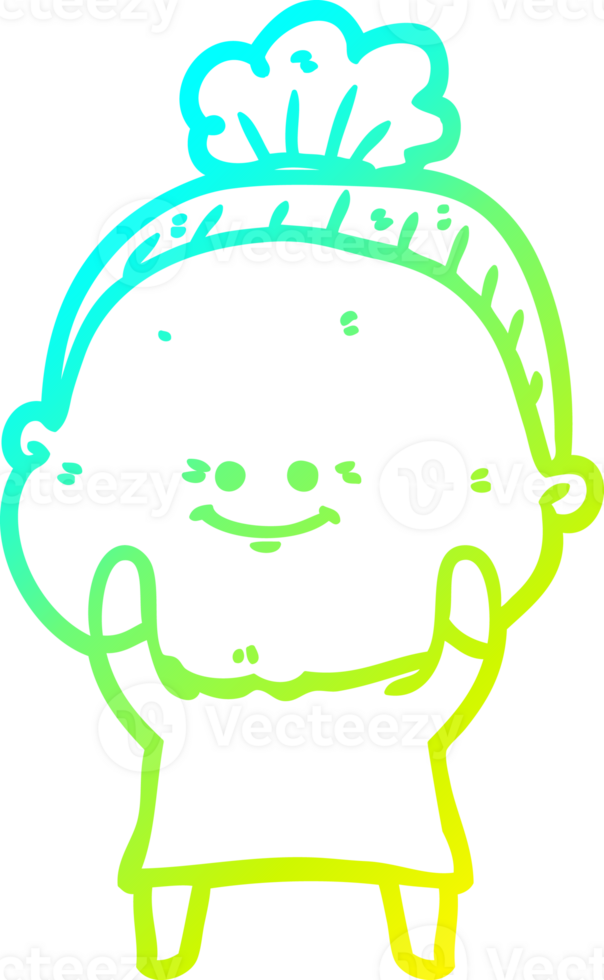 cold gradient line drawing of a cartoon happy old woman png
