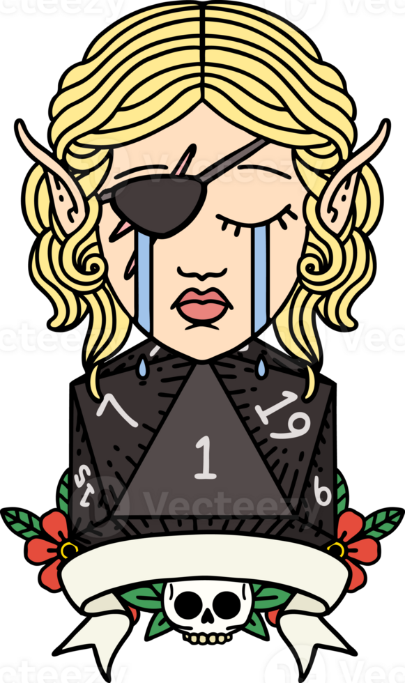Retro Tattoo Style crying elf rogue character with natural one D20 roll png