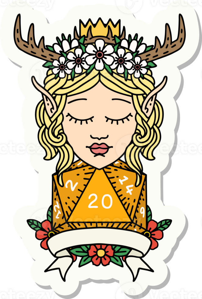 sticker of a elf druid character with natural 20 dice roll png