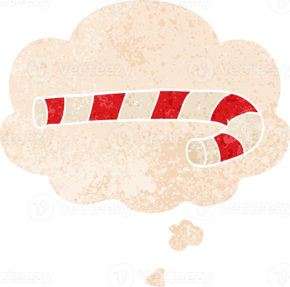cartoon candy cane with thought bubble in grunge distressed retro textured style png