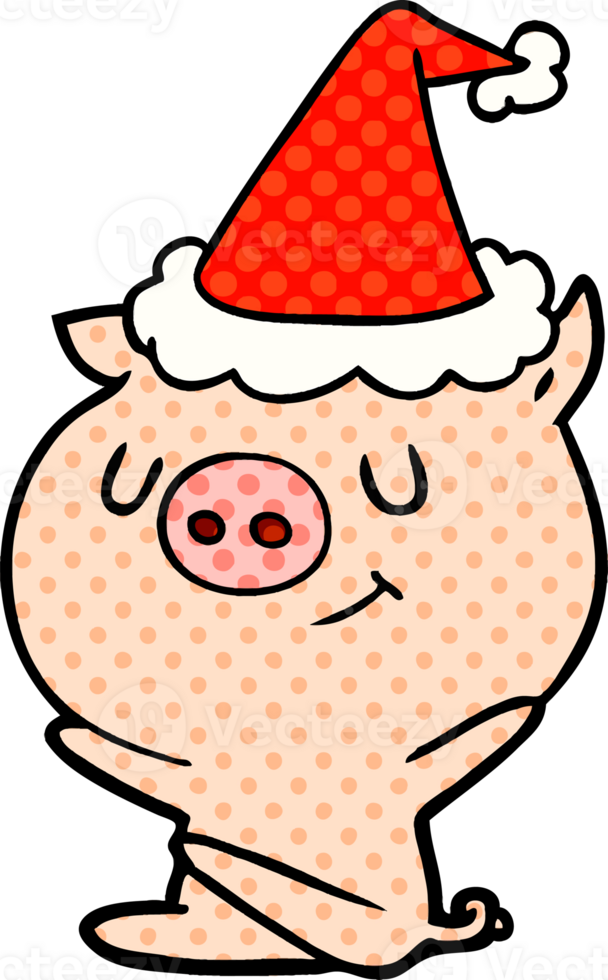 happy hand drawn comic book style illustration of a pig wearing santa hat png