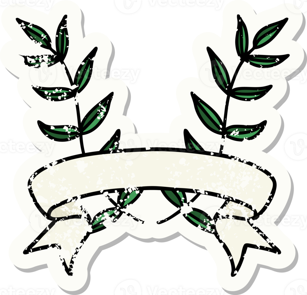 worn old sticker with banner of a laurel png