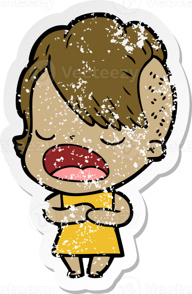 distressed sticker of a cartoon cool hipster girl talking png