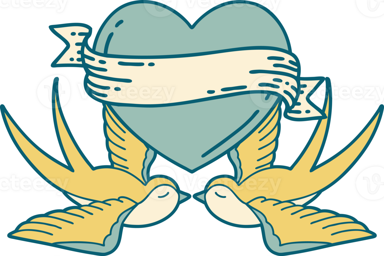 iconic tattoo style image of swallows and a heart with banner png