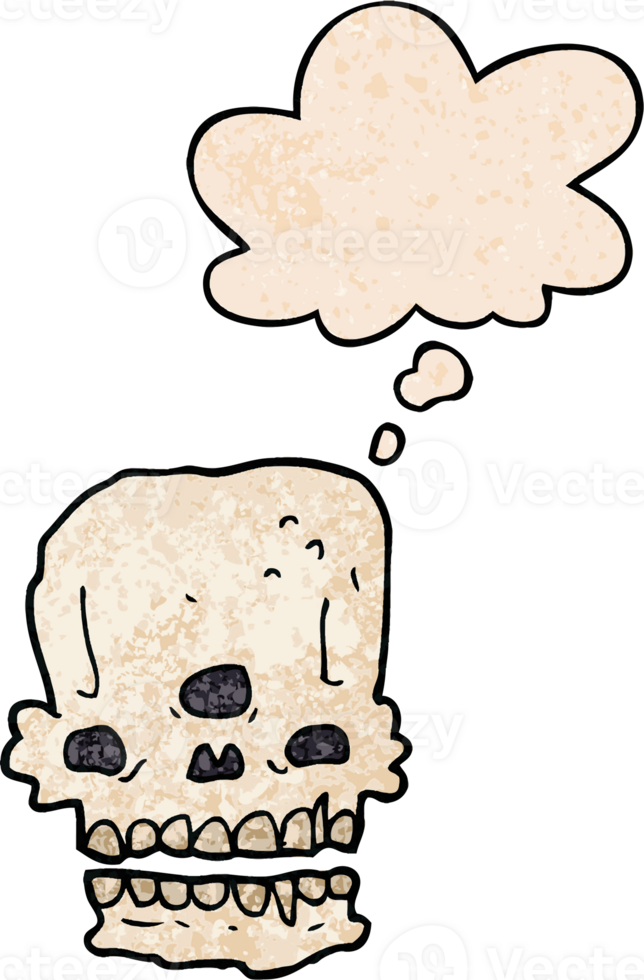 cartoon spooky skull with thought bubble in grunge texture style png