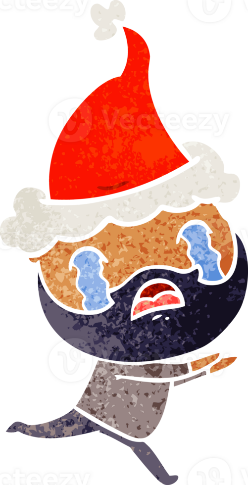 hand drawn retro cartoon of a bearded man crying wearing santa hat png