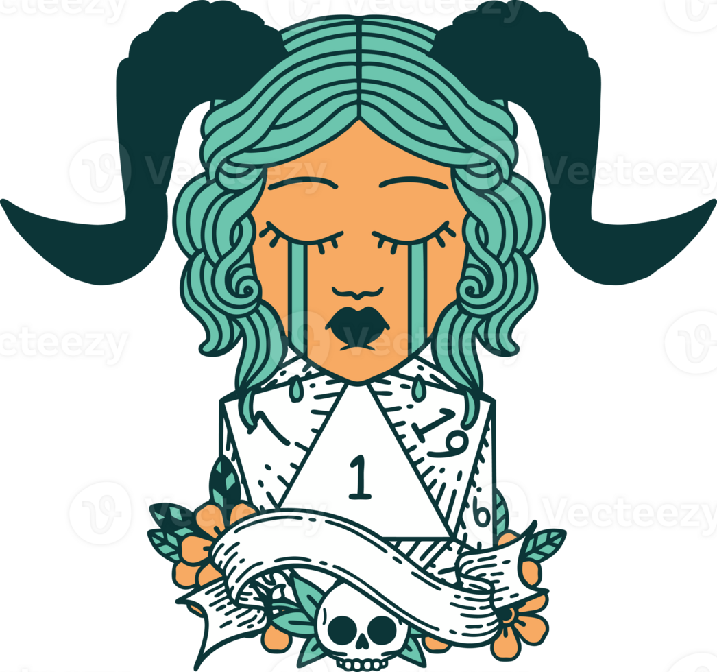 Retro Tattoo Style crying tiefling with natural one D20 dice roll png