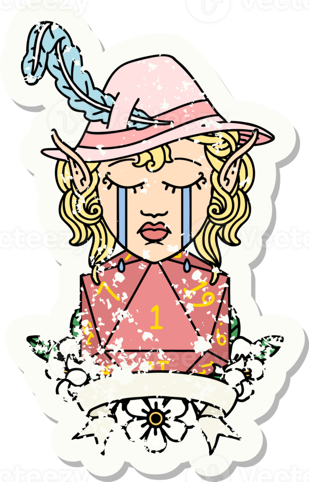 Retro Tattoo Style crying elf bard character with natural one D20 roll png