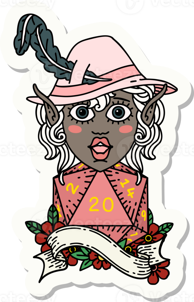 sticker of a elf bard with natural twenty dice roll png