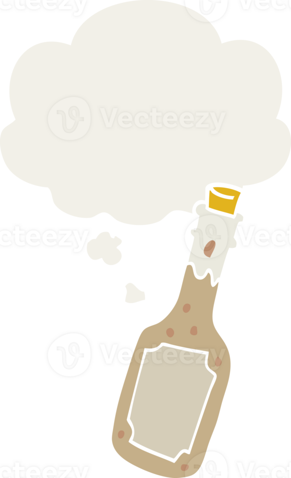 cartoon beer bottle with thought bubble in retro style png
