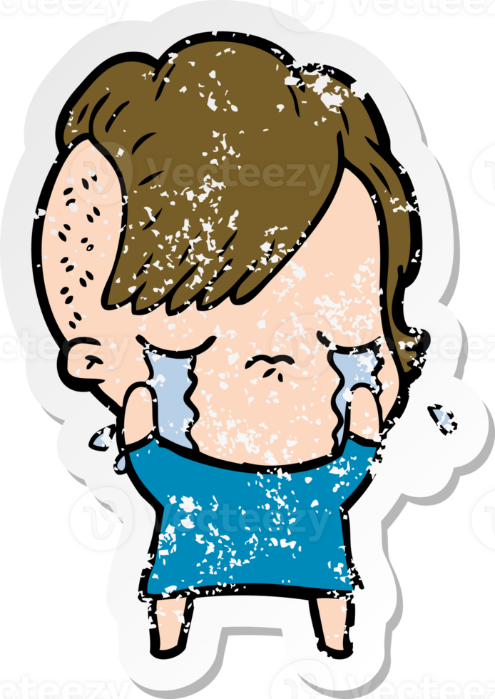 distressed sticker of a cartoon crying girl png